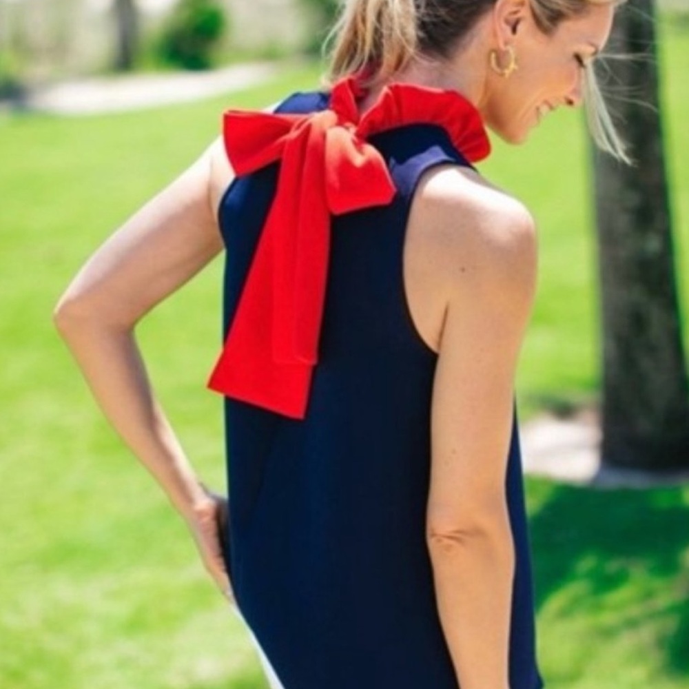 Tuckernuck Pomander Place Mason Ruffle Bow Tie Blouse Navy & Red